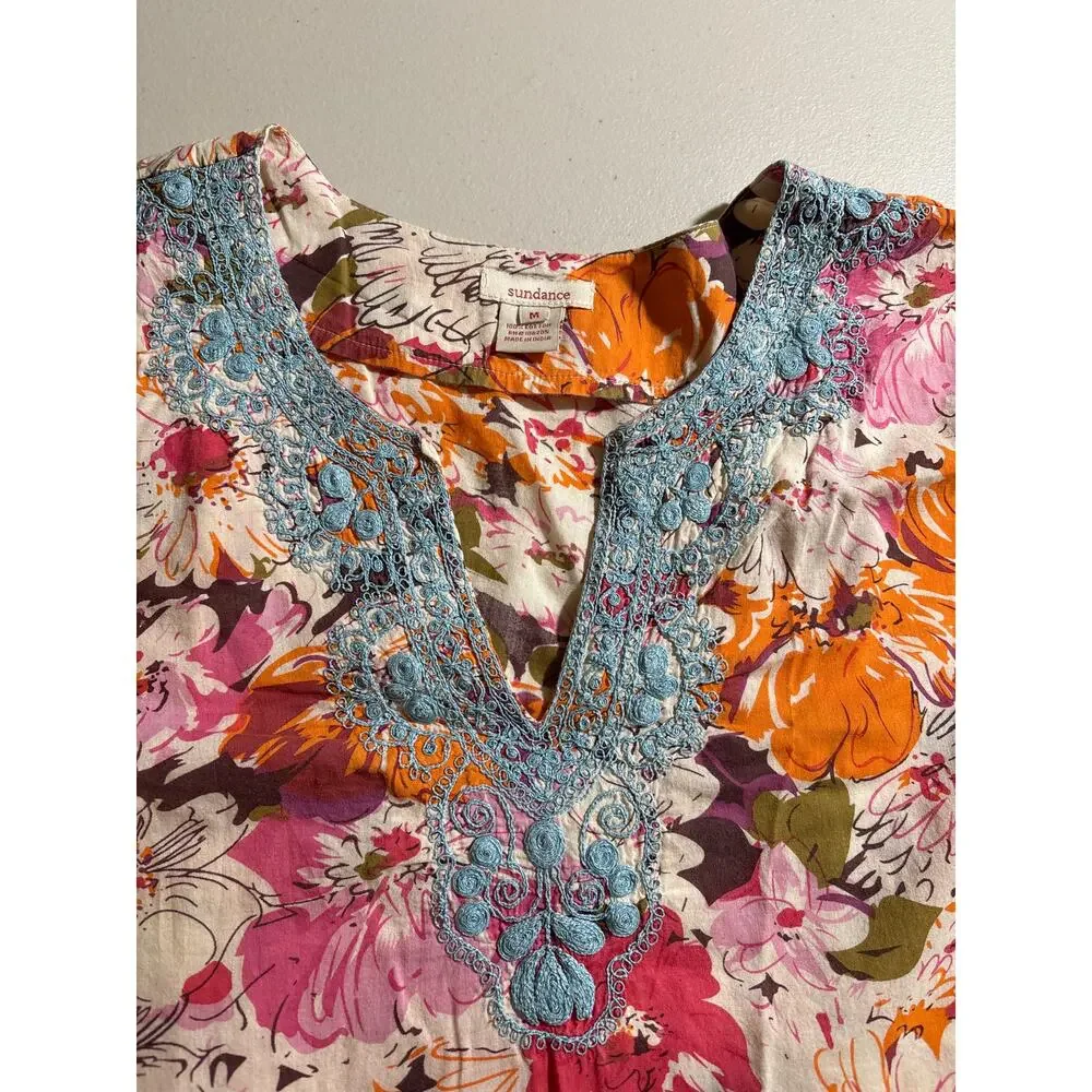 Sundance Womens Medium Cotton Split Neck 3/4 Sleeve Embroidered Tunic Top Blouse